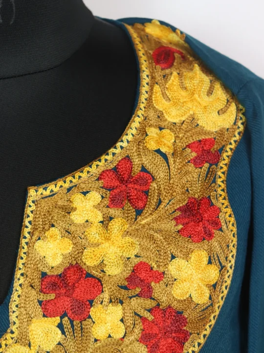 Teal Blue Mehr Kashmiri Pheran Cashmilon Wool With Aari Embroidery - Image 3