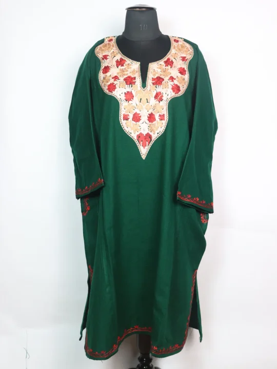 Green Mehr Kashmiri Pheran Cashmilon Wool With Aari Work