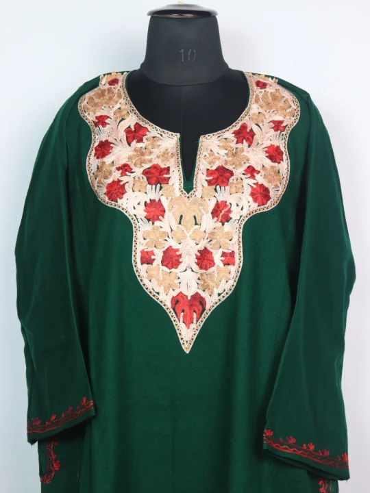 Green Mehr Kashmiri Pheran Cashmilon Wool With Aari Work - Image 2