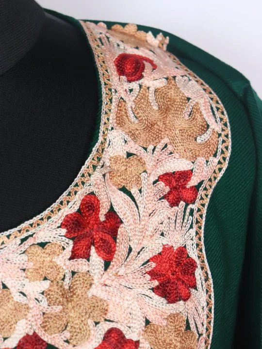 Green Mehr Kashmiri Pheran Cashmilon Wool With Aari Work - Image 3