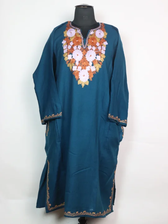 Blue Kashmiri Pheran Cashmilon Wool Mehr With Aari Work
