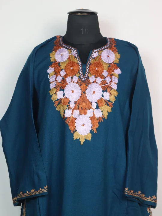 Blue Kashmiri Pheran Cashmilon Wool Mehr With Aari Work - Image 2