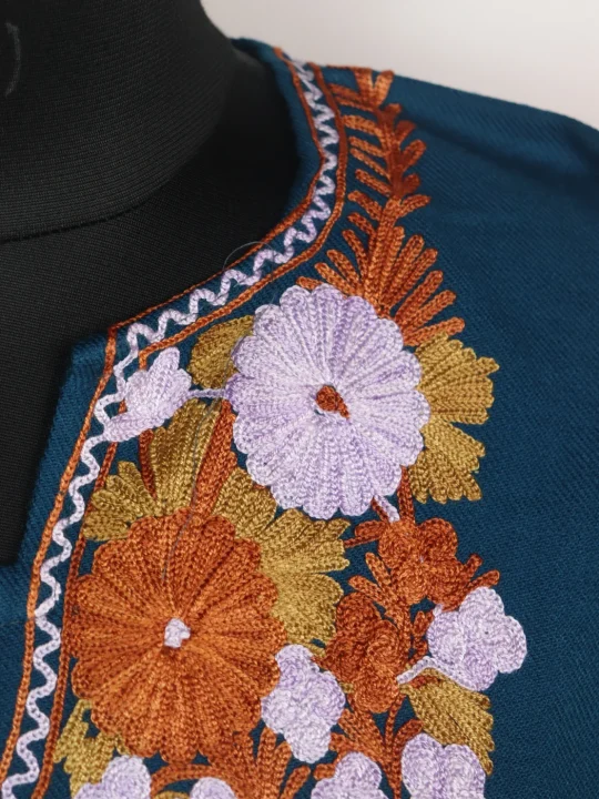 Blue Kashmiri Pheran Cashmilon Wool Mehr With Aari Work - Image 3