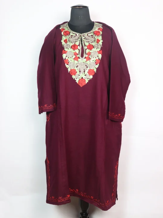 Elderberry Maroon Mehr Kashmiri Pheran Cashmilon Wool With Aari Embroidery
