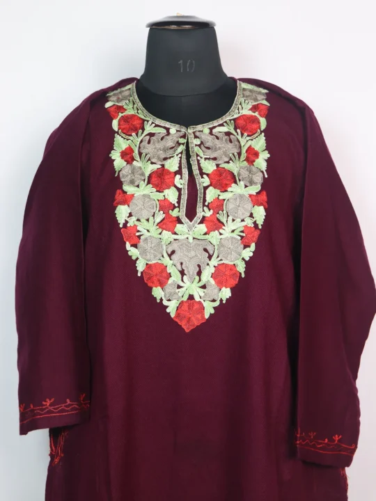 Elderberry Maroon Mehr Kashmiri Pheran Cashmilon Wool With Aari Embroidery - Image 2