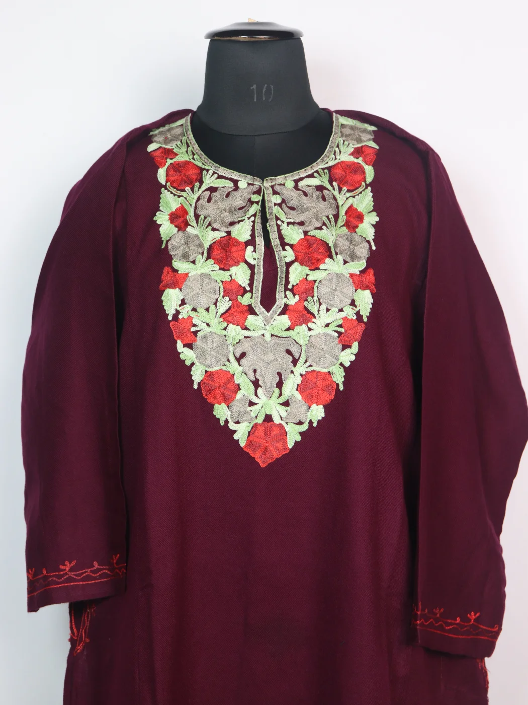 Elderberry Maroon Mehr Kashmiri Pheran Cashmilon Wool With Aari Embroidery - Image 2