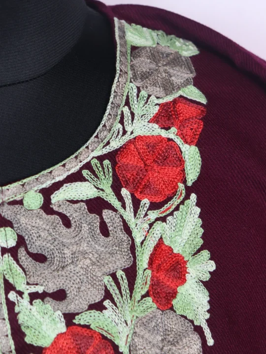 Elderberry Maroon Mehr Kashmiri Pheran Cashmilon Wool With Aari Embroidery - Image 3
