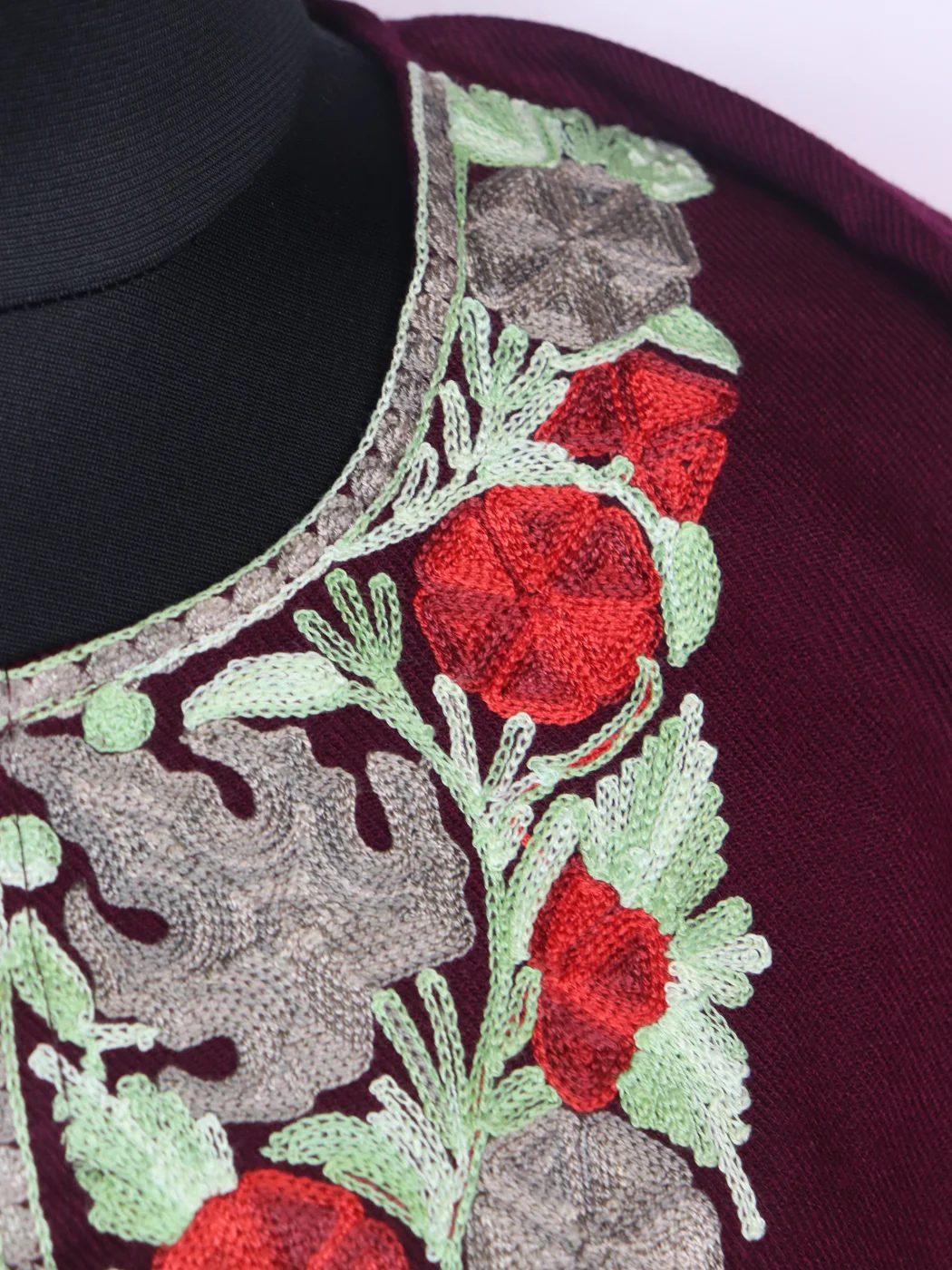 Elderberry Maroon Mehr Kashmiri Pheran Cashmilon Wool With Aari Embroidery - Image 3