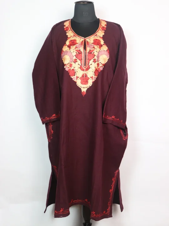 Dark Maroon Kashmiri Pheran Cashmilon Wool With Aari Embroidery Mehr