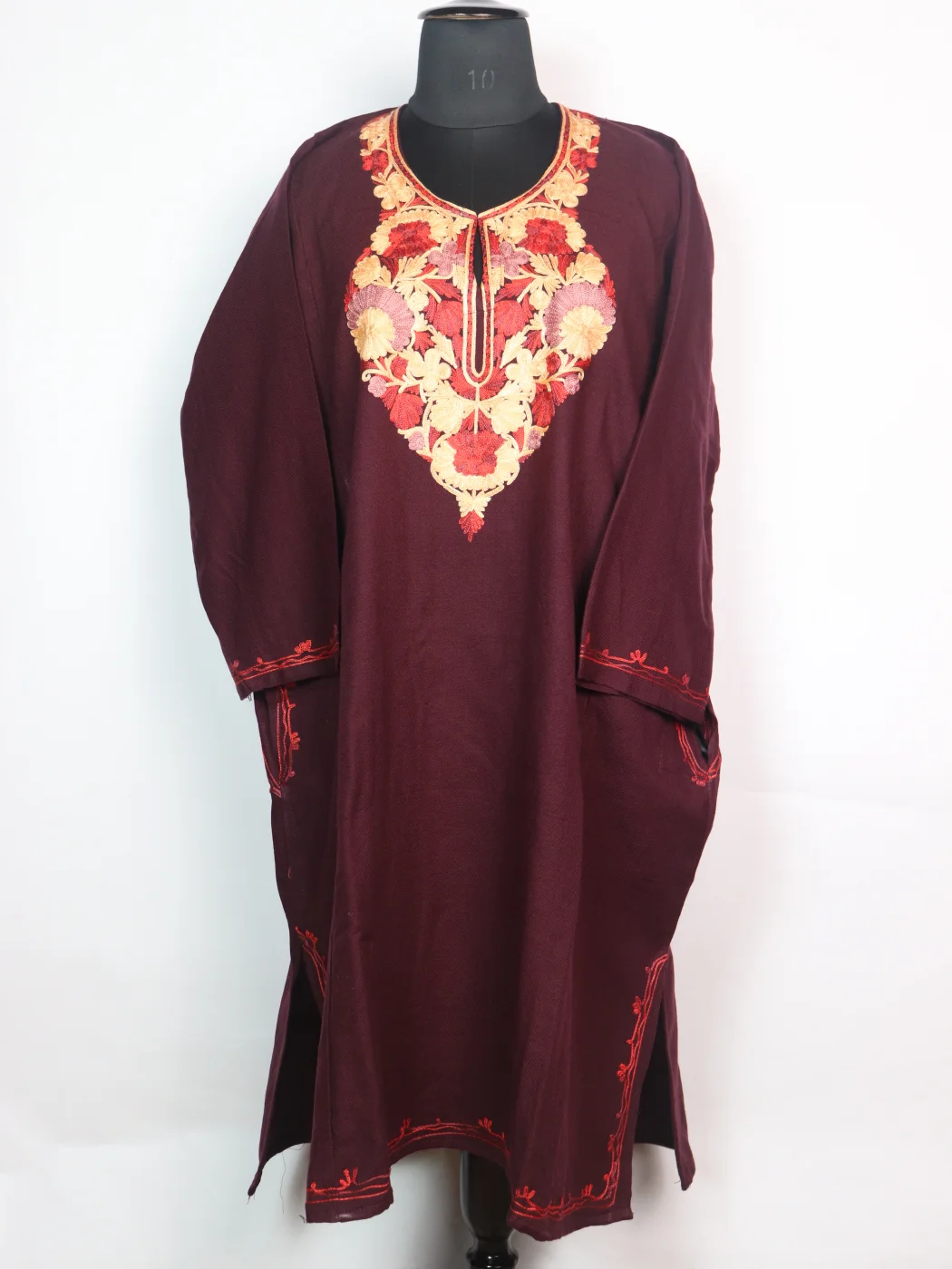 Dark Maroon Kashmiri Pheran Cashmilon Wool With Aari Embroidery Mehr