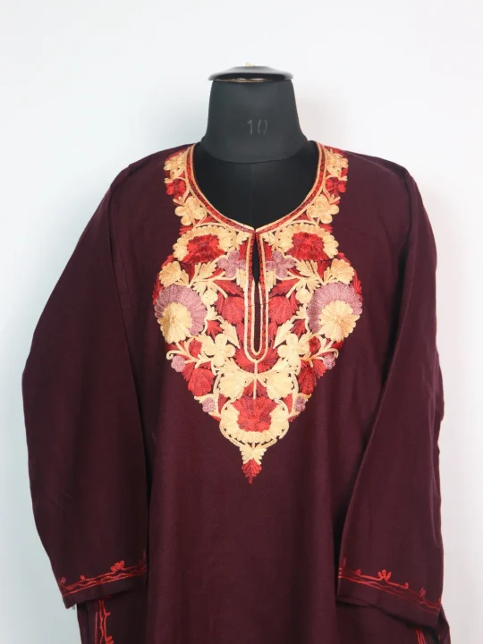 Dark Maroon Kashmiri Pheran Cashmilon Wool With Aari Embroidery Mehr - Image 2