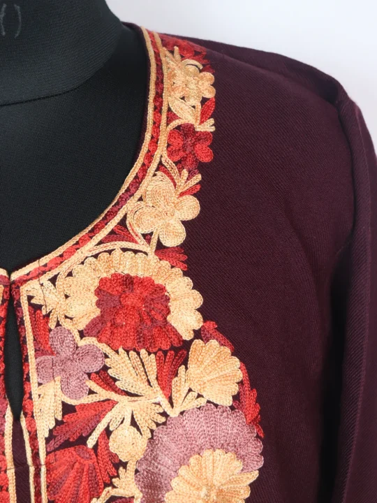Dark Maroon Kashmiri Pheran Cashmilon Wool With Aari Embroidery Mehr - Image 3