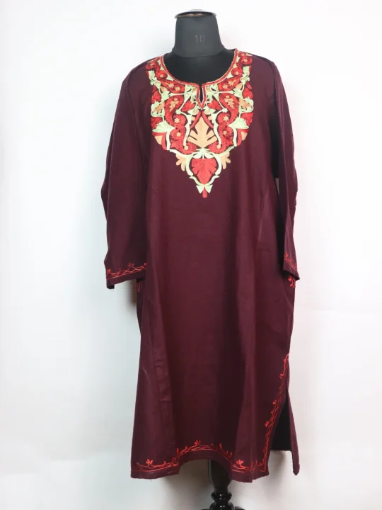 Wine Maroon Kashmiri Pheran Cashmilon Wool With Aari Embroidery Mehr
