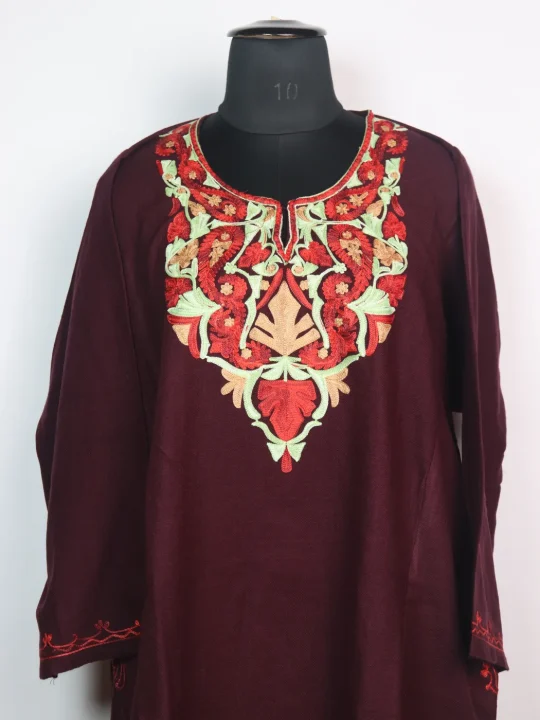 Wine Maroon Kashmiri Pheran Cashmilon Wool With Aari Embroidery Mehr - Image 2