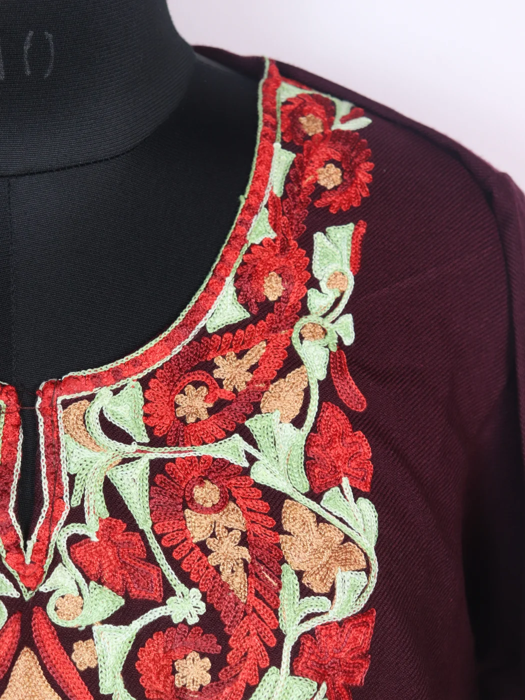 Wine Maroon Kashmiri Pheran Cashmilon Wool With Aari Embroidery Mehr - Image 3
