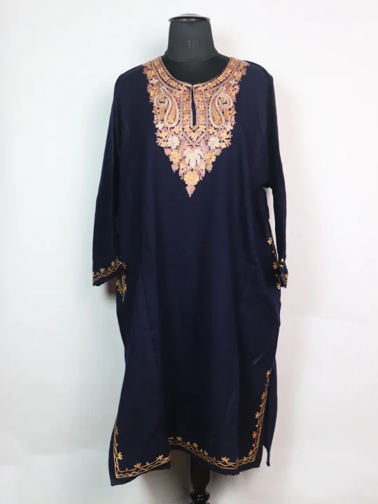 Navy Blue Kashmiri Pheran Cashmilon Wool With Aari kadhai Mehr