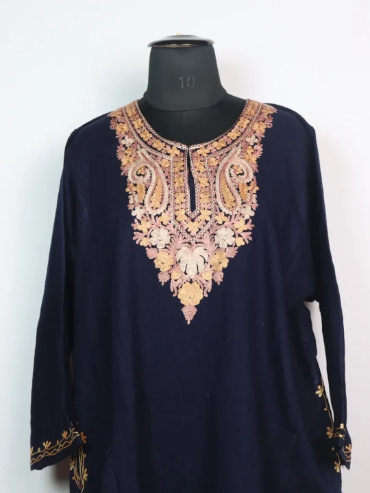 Navy Blue Kashmiri Pheran Cashmilon Wool With Aari kadhai Mehr - Image 2