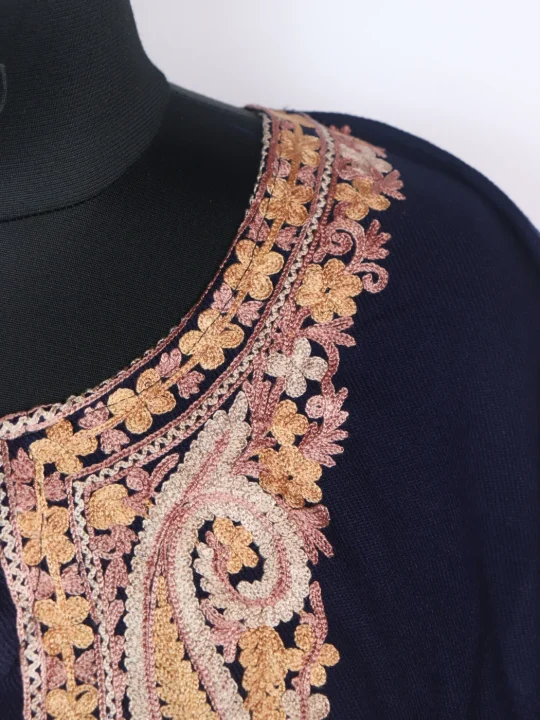 Navy Blue Kashmiri Pheran Cashmilon Wool With Aari kadhai Mehr - Image 3