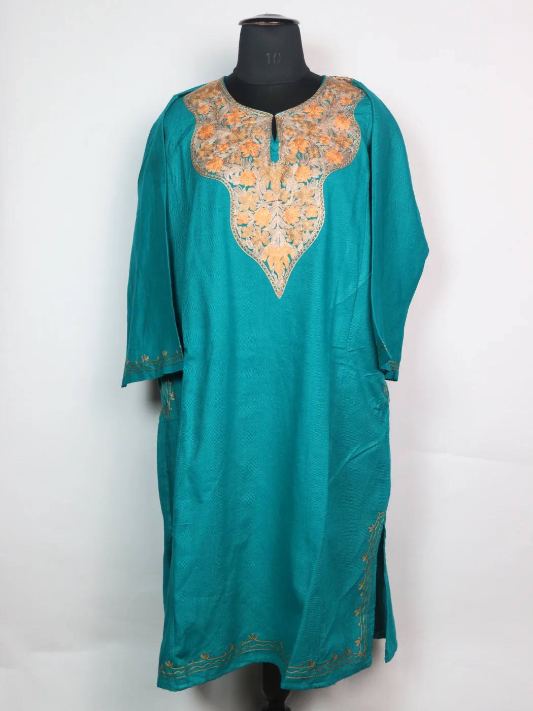 Ocean Blue Kashmiri Mehr Pheran Cashmilon Wool With Aari Embroidery