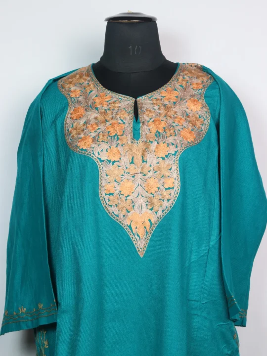 Ocean Blue Kashmiri Mehr Pheran Cashmilon Wool With Aari Embroidery - Image 2