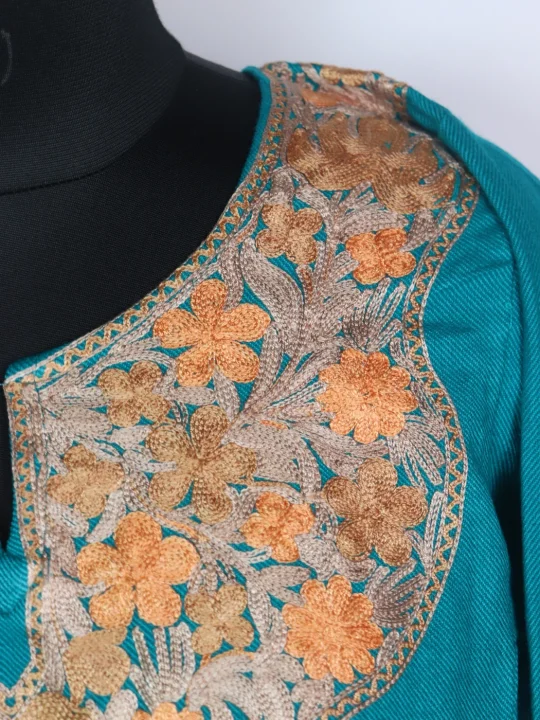 Ocean Blue Kashmiri Mehr Pheran Cashmilon Wool With Aari Embroidery - Image 3