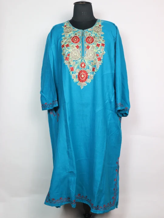 Sky Blue Kashmiri Mehr Pheran Cashmilon Wool With Aari Kadhai