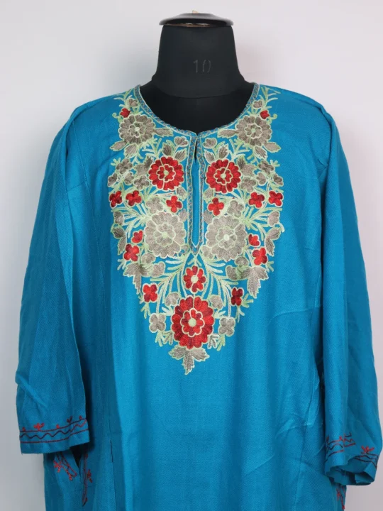 Sky Blue Kashmiri Mehr Pheran Cashmilon Wool With Aari Kadhai - Image 2