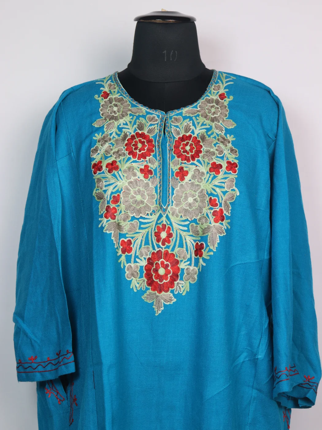 Sky Blue Kashmiri Mehr Pheran Cashmilon Wool With Aari Kadhai - Image 2