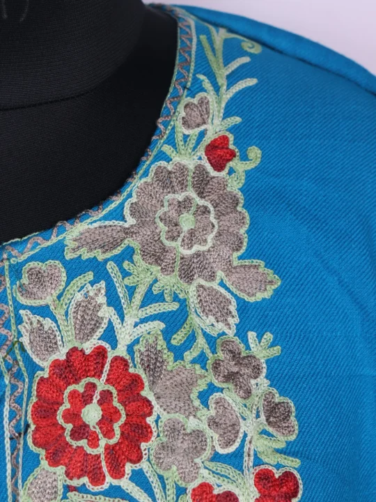 Sky Blue Kashmiri Mehr Pheran Cashmilon Wool With Aari Kadhai - Image 3