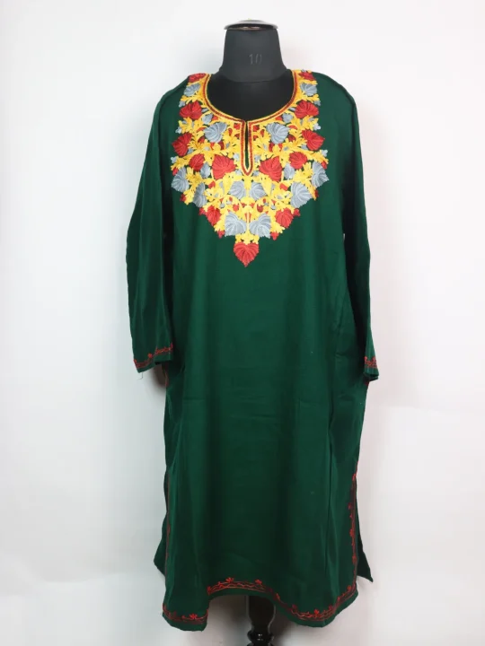 Green Kashmiri Pheran Cashmilon Wool With Aari Work