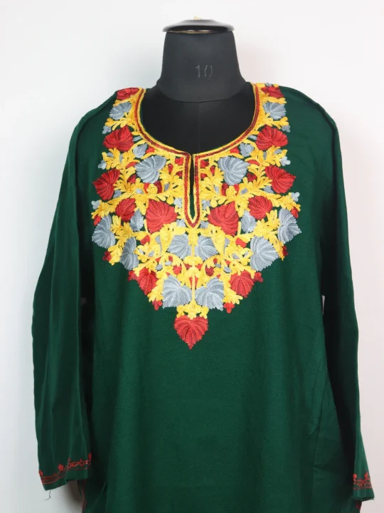 Green Kashmiri Pheran Cashmilon Wool With Aari Work - Image 2