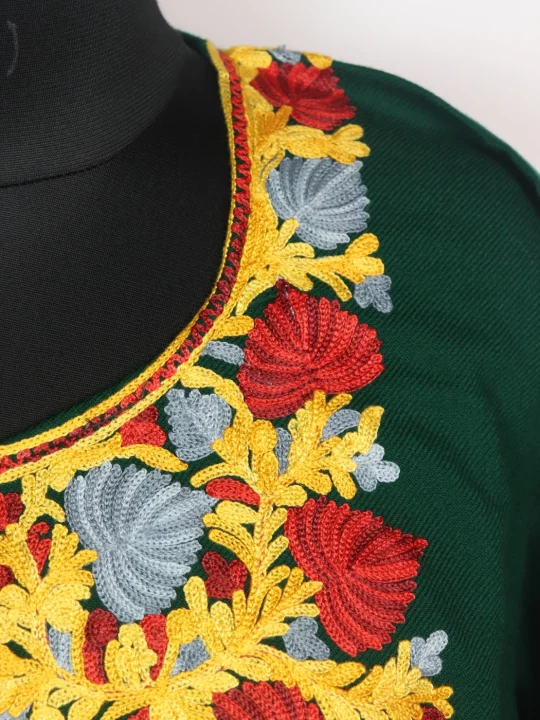 Green Kashmiri Pheran Cashmilon Wool With Aari Work - Image 3