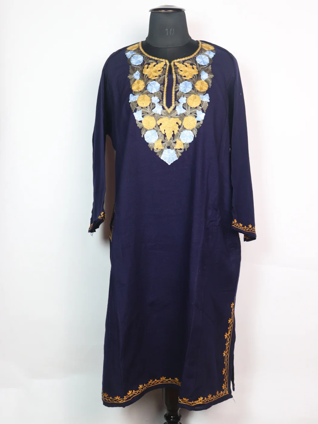 Navy Blue Kashmiri Pheran Cashmilon Wool With Aari Embroidery Mehr