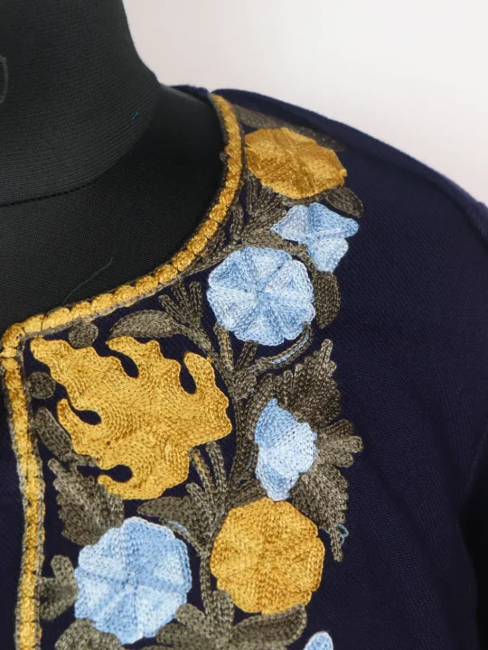Navy Blue Kashmiri Pheran Cashmilon Wool With Aari Embroidery Mehr - Image 3