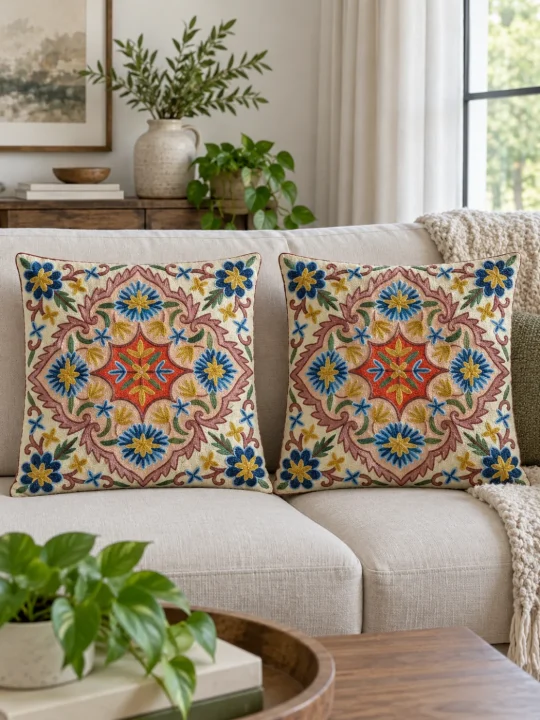 Fiza Kashmiri Cushion Covers With Hand Chain-Stitch Embroidery | Set of 2 | 16*16 Inches