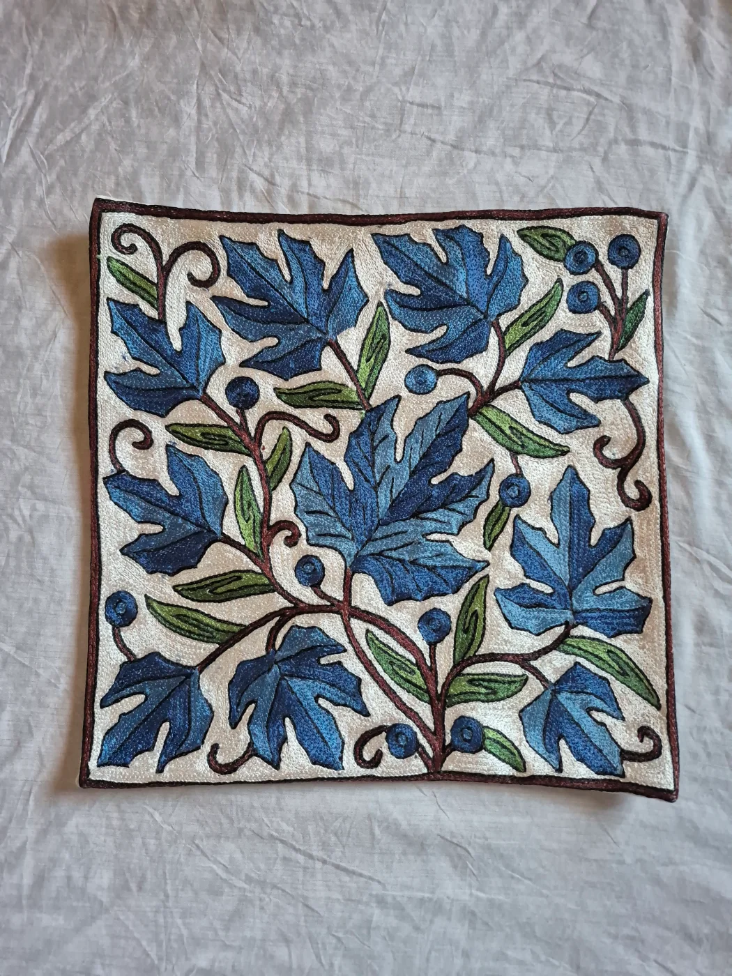 Rumana Kashmiri Cushion Cover With Hand Chain-Stitch Work | Set of 2 | 16*16 Inch - Image 2