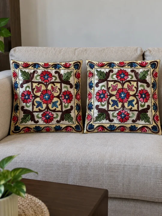 Humaira Kashmiri Cushion Covers With Hand Chain-Stitch Embroidery | Set of 2 | 16*16 Inches