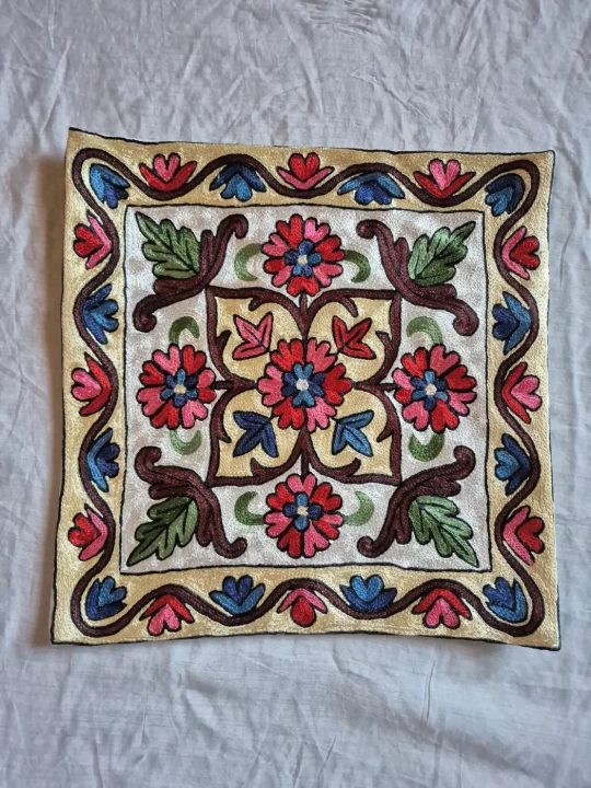Humaira Kashmiri Cushion Covers With Hand Chain-Stitch Embroidery | Set of 2 | 16*16 Inches - Image 3