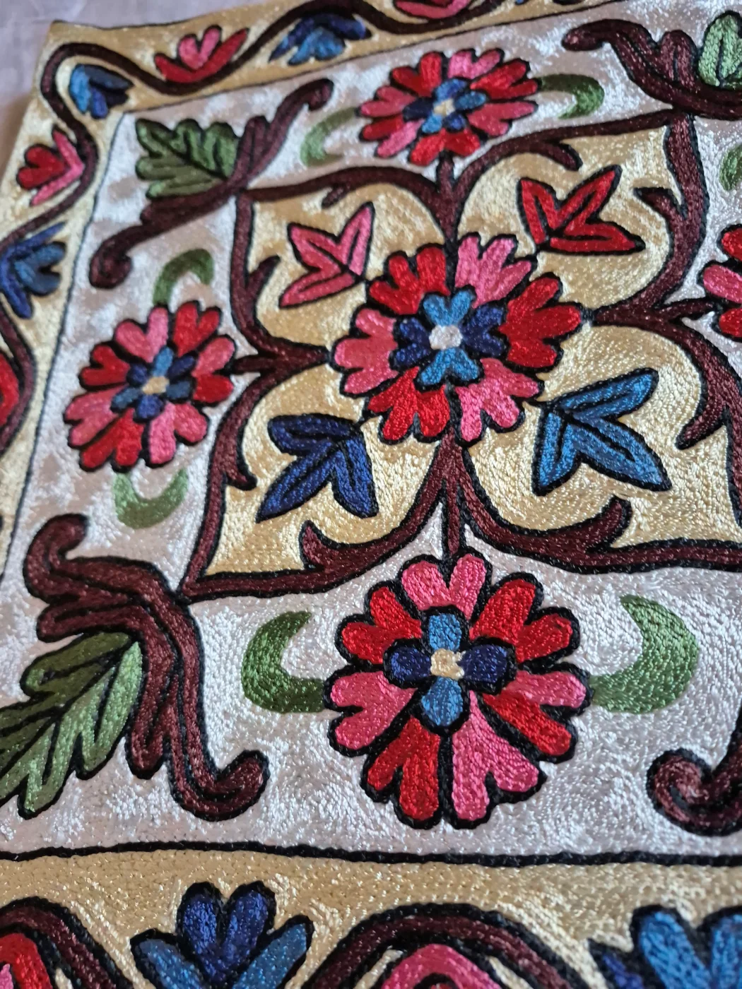 Humaira Kashmiri Cushion Covers With Hand Chain-Stitch Embroidery | Set of 2 | 16*16 Inches - Image 2
