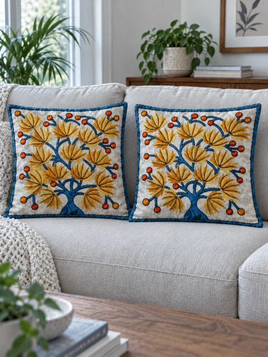 Salma Kashmiri Cushion Covers With Hand Chain-Stitch Embroidery | Set of 2 | 16*16 Inches