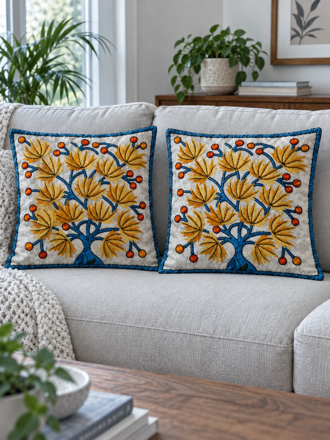 Salma Kashmiri Cushion Covers With Hand Chain-Stitch Embroidery | Set of 2 | 16*16 Inches