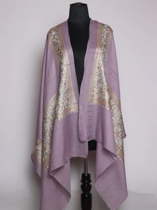 Kashmiri Fine Wool Stole Purple Aari Embroidery | Naghma