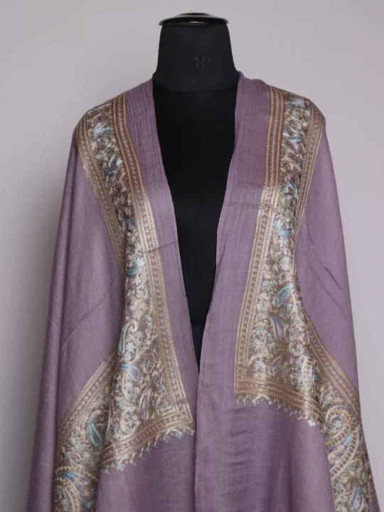 Kashmiri Fine Wool Stole Purple Aari Embroidery | Naghma - Image 2