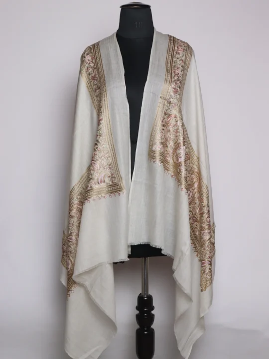 Dilara Kashmiri Stole In Fine Wool With Aari Embroidery | White