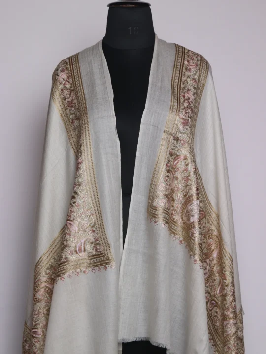 Dilara Kashmiri Stole In Fine Wool With Aari Embroidery | White - Image 2