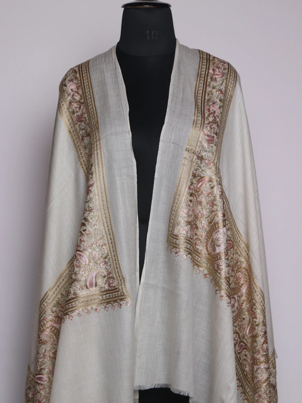 Dilara Kashmiri Stole In Fine Wool With Aari Embroidery | White - Image 2
