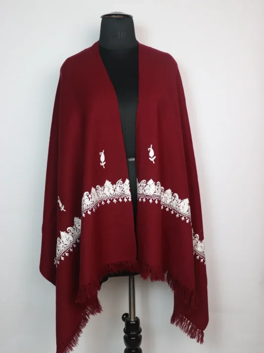 Maroon Cashmilon Wool Kashmiri Stole with Aari Work | Huda