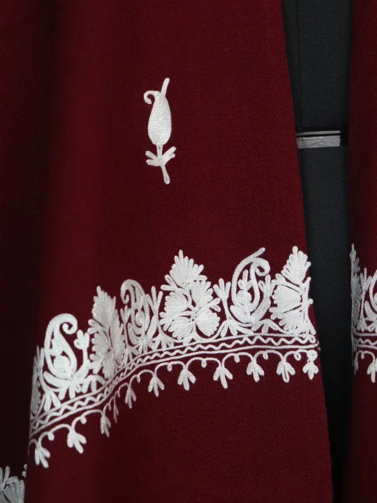 Maroon Cashmilon Wool Kashmiri Stole with Aari Work | Huda - Image 2