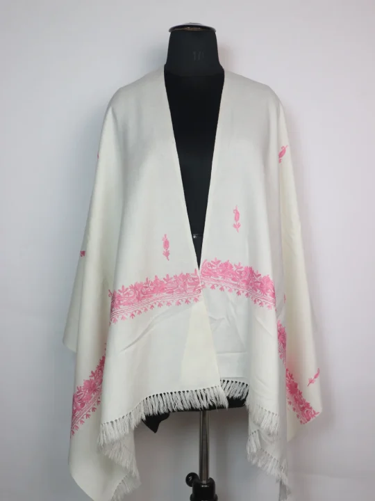 White Kashmiri Cashmilon Wool Stole with Aari Work | Amira