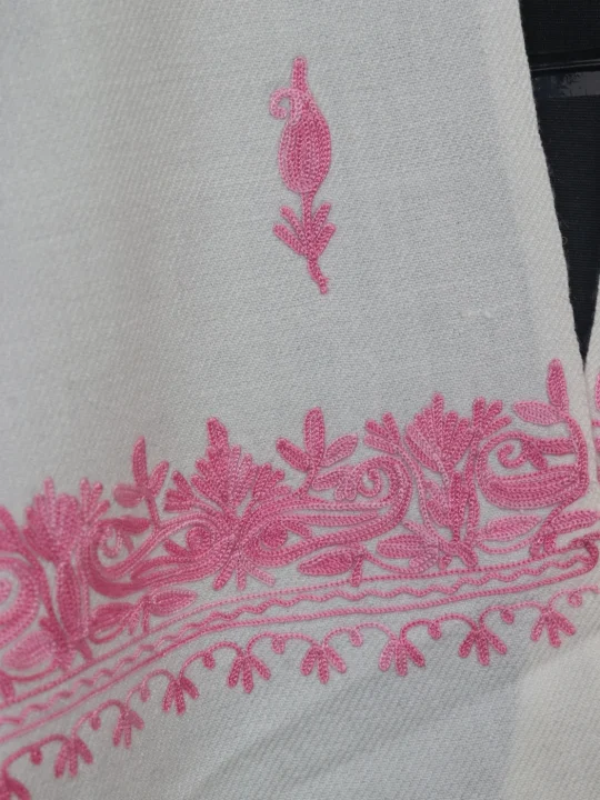 White Kashmiri Cashmilon Wool Stole with Aari Work | Amira - Image 2